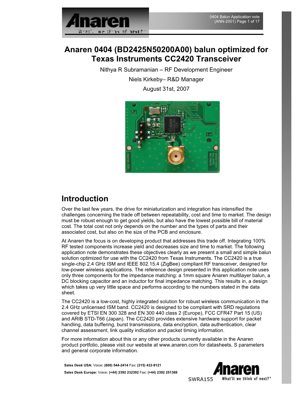 AN054 -- Anaren Balun Optimized for CC2420