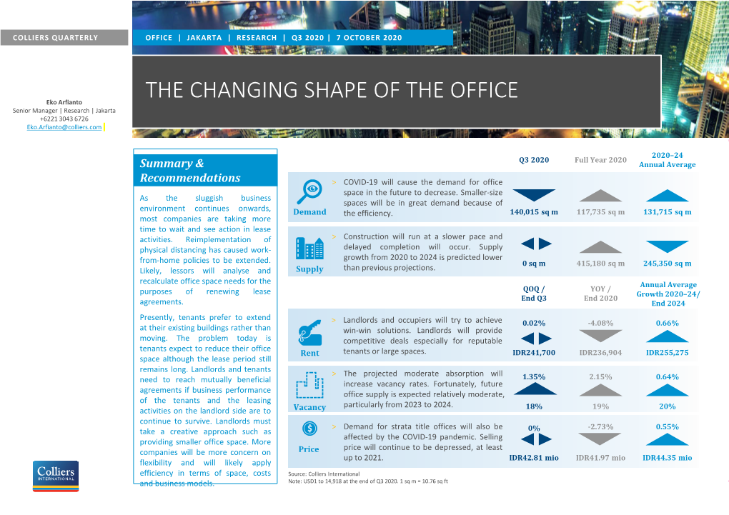 THE CHANGING SHAPE of the OFFICE Eko Arfianto Senior Manager | Research | Jakarta +6221 3043 6726 Eko.Arfianto@Colliers.Com