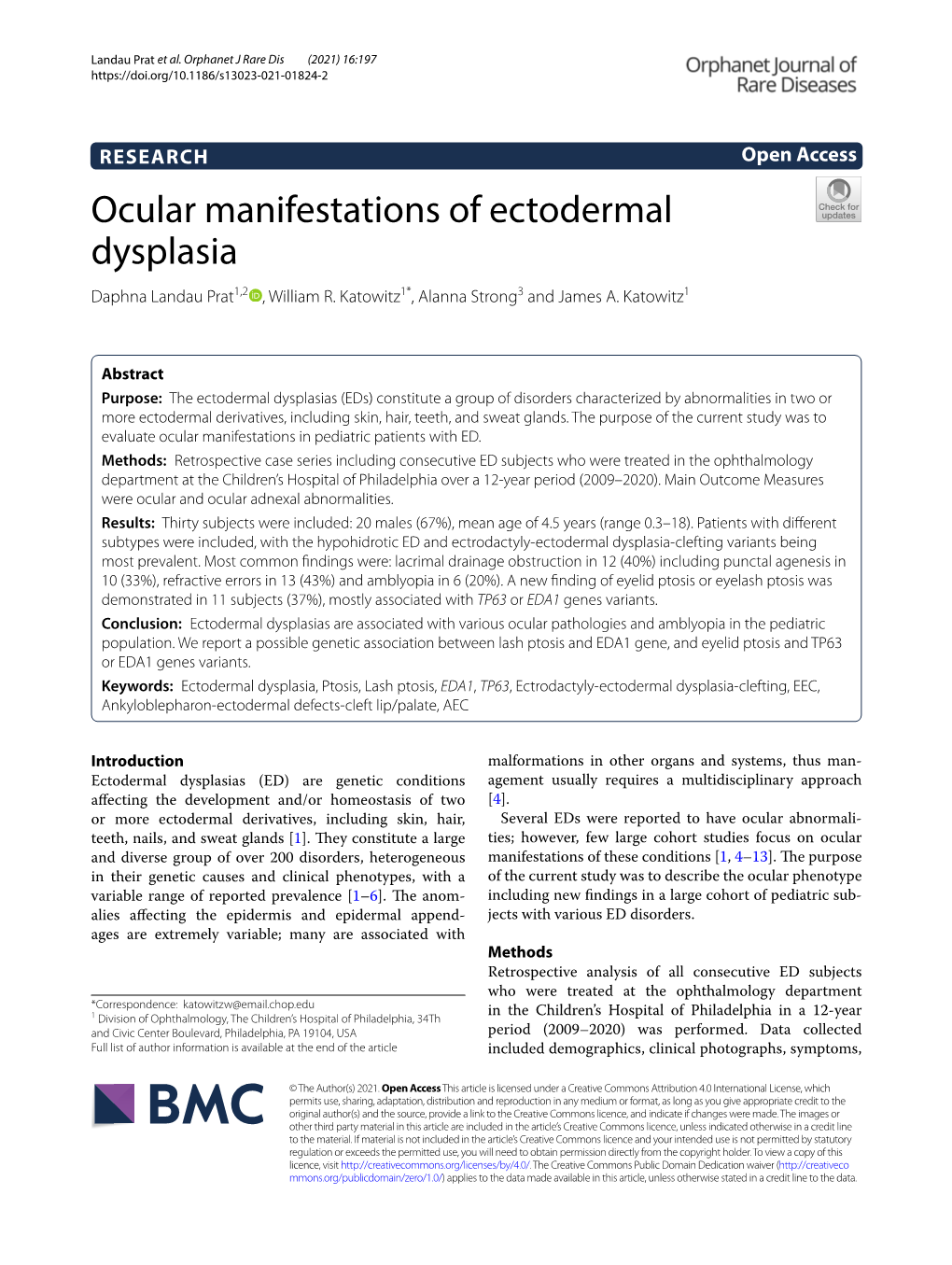 Ocular Manifestations of Ectodermal Dysplasia Daphna Landau Prat1,2 , William R