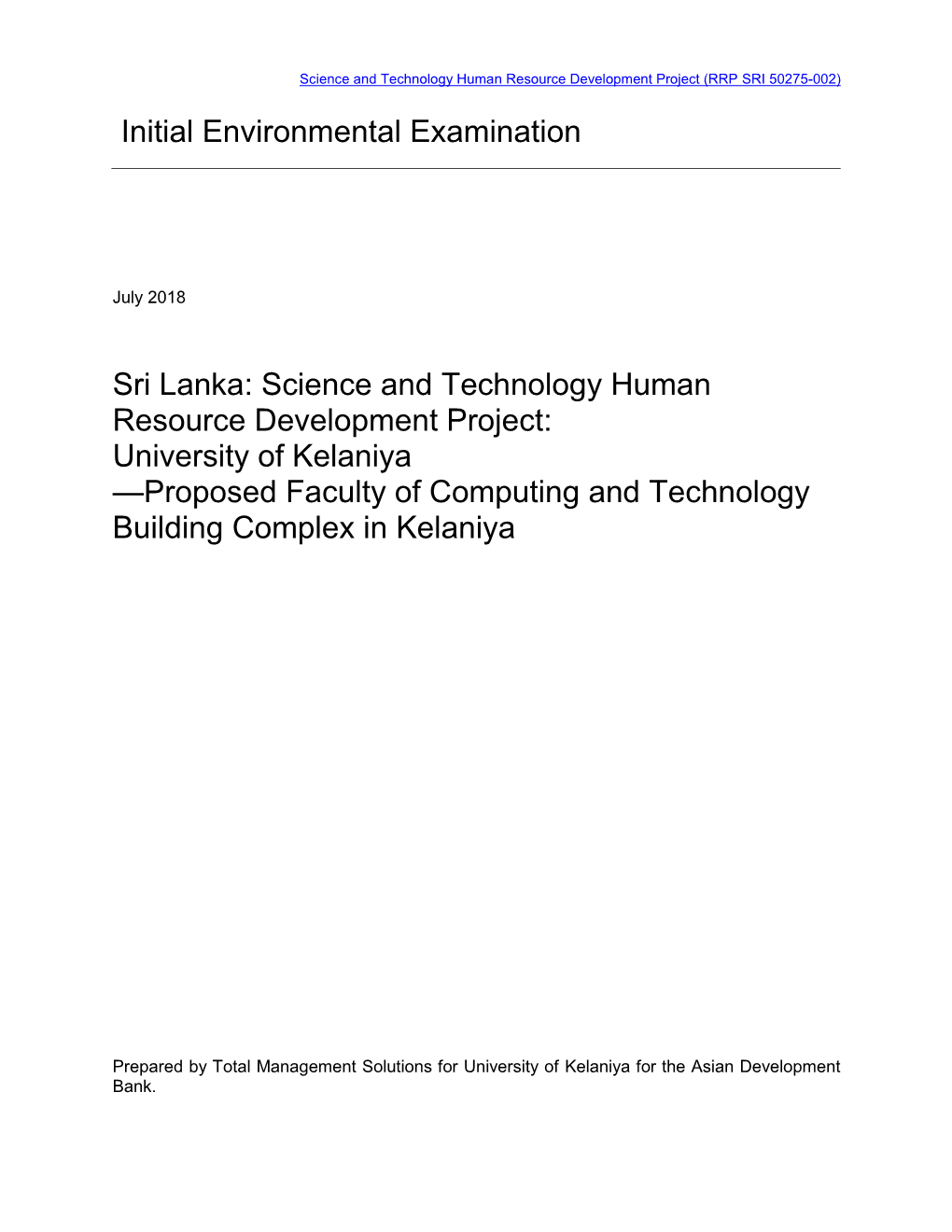 Initial Environmental Examination: University of Kelaniya