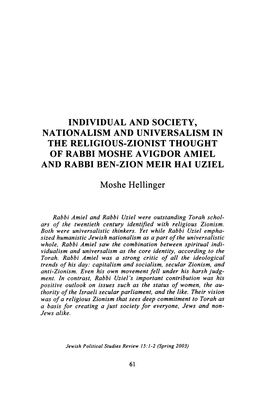 Individual and Society, Nationalism and Universalism in the Religious-Zionist Thought of Rabbi Moshe Avigdor Amiel and Rabbi Ben-Zion Meir Hai Uziel