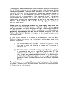 Requests Made Pursuant to Article 12 to Add Institutions to the Settlement