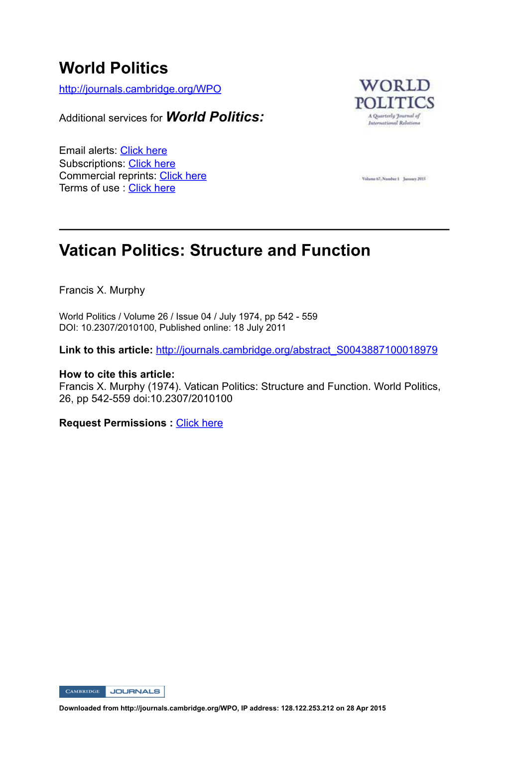 World Politics Vatican Politics