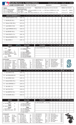 Seattle Mariners Vs. Oakland Athletics Sunday, April 6, 2014 W 1:05 Pm W CSNCA GAME SCORECARD First Pitch Time/Temp: Attendance: Time of Game