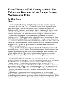 Urban Violence in Fifth Century Antioch: Riot Culture and Dynamics in Late Antique Eastern Mediterranean Cities