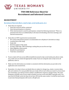 TWU IRB Reference Sheet for Recruitment and Informed Consent