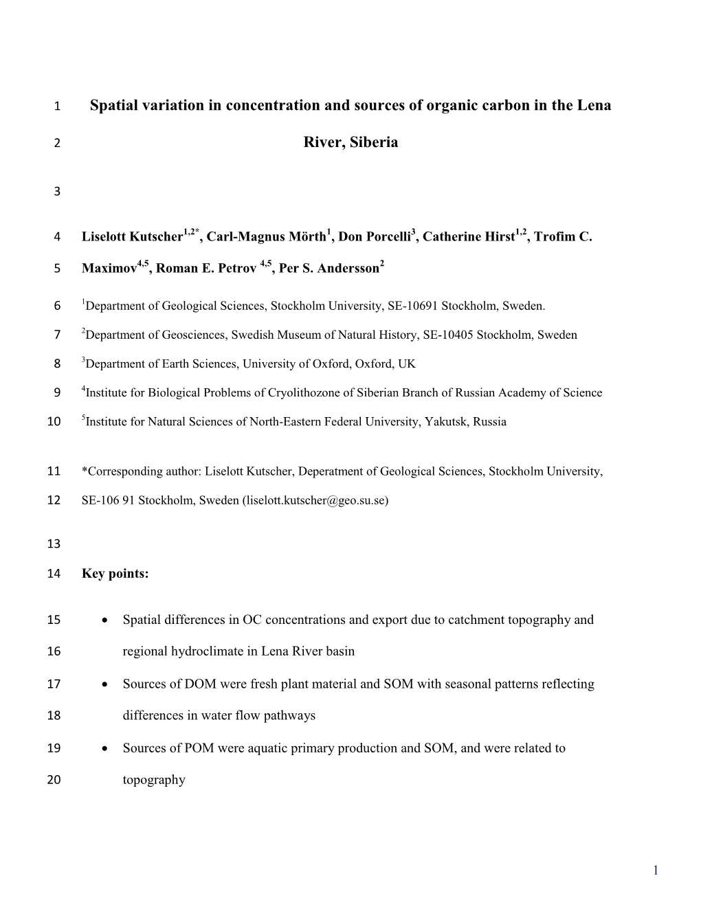 Spatial Variation in Concentration and Sources of Organic Carbon in the Lena