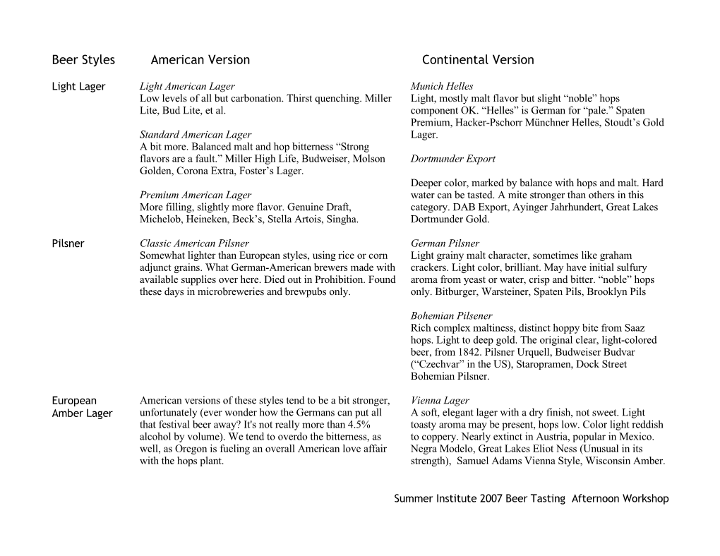 Beer Styles American Version Continental Version