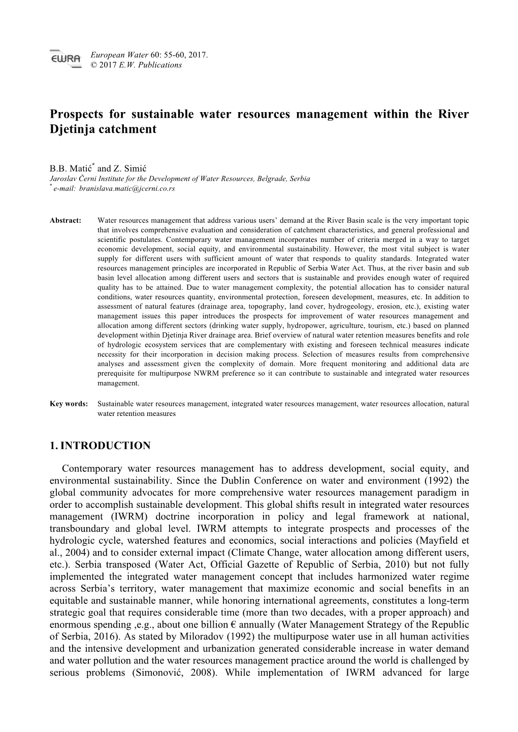 Prospects for Sustainable Water Resources Management Within the River Djetinja Catchment