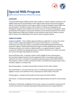 Special Milk Program Idaho School Nutrition Reference Guide