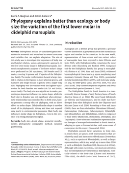 Phylogeny Explains Better Than Ecology Or Body Size the Variation of the First Lower Molar in Didelphid Marsupials