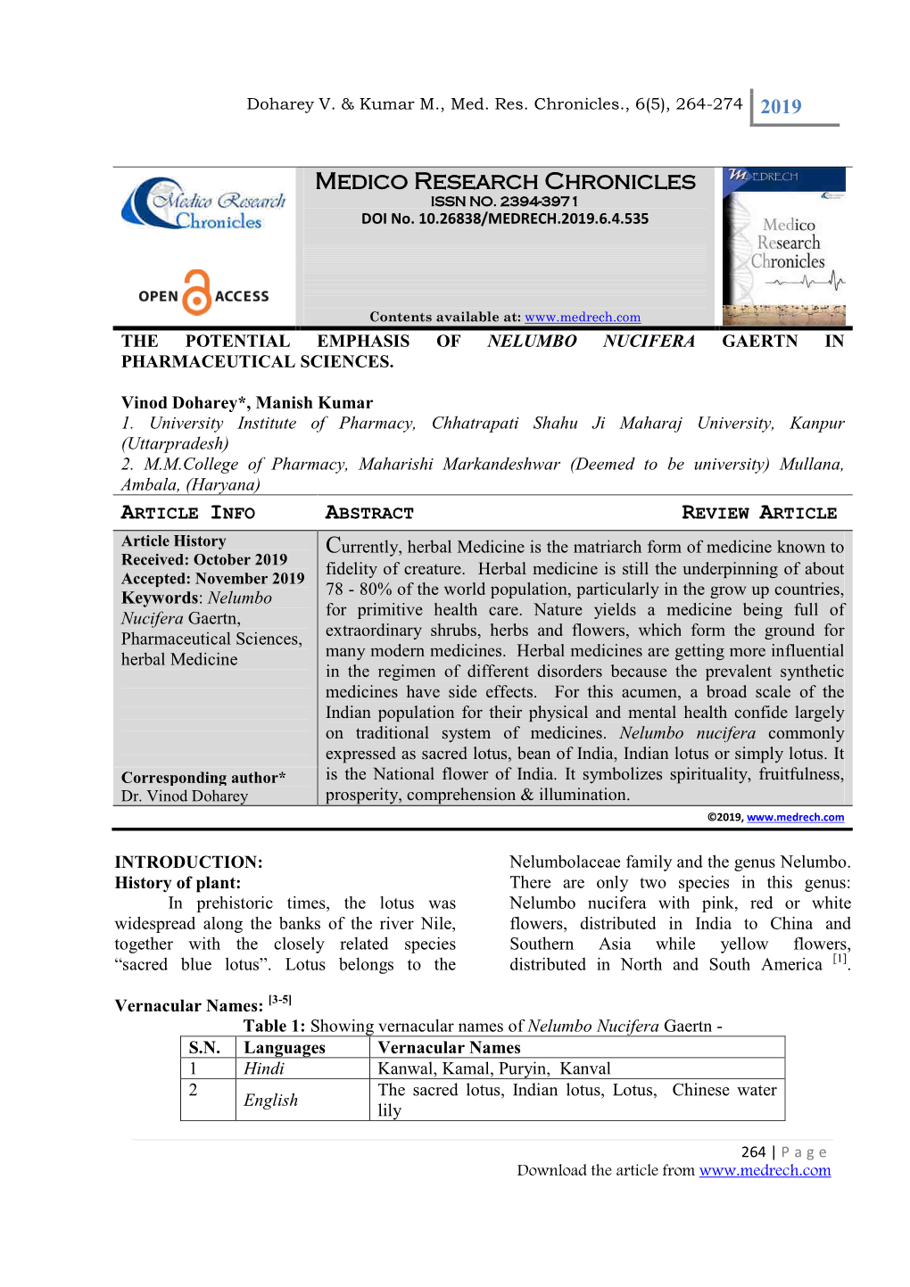 The Potential Emphasis of Nelumbo Nucifera 535