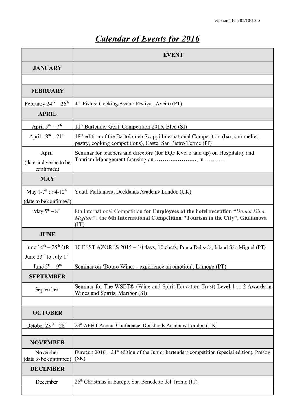 Calendar of Events for 2009 (Draft Version)