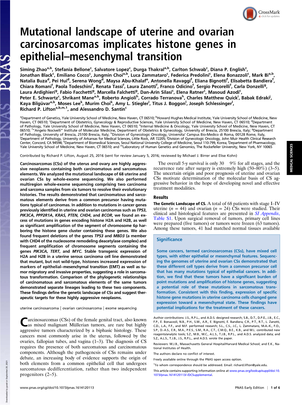 Mutational Landscape of Uterine and Ovarian Carcinosarcomas Implicates Histone Genes in Epithelial–Mesenchymal Transition