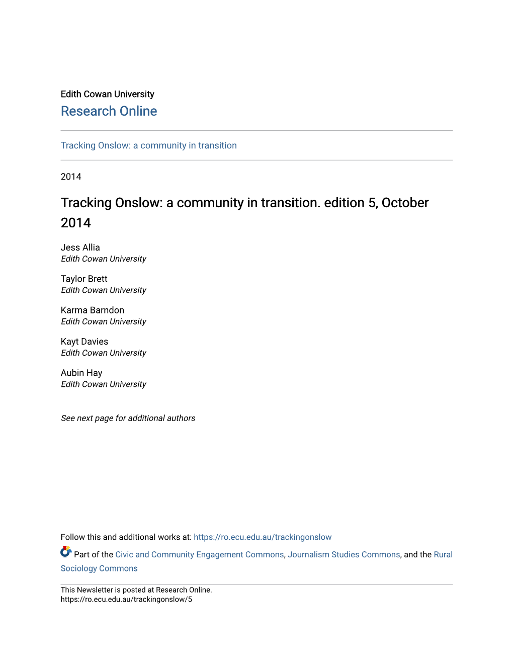 Tracking Onslow: a Community in Transition. Edition 5, October 2014