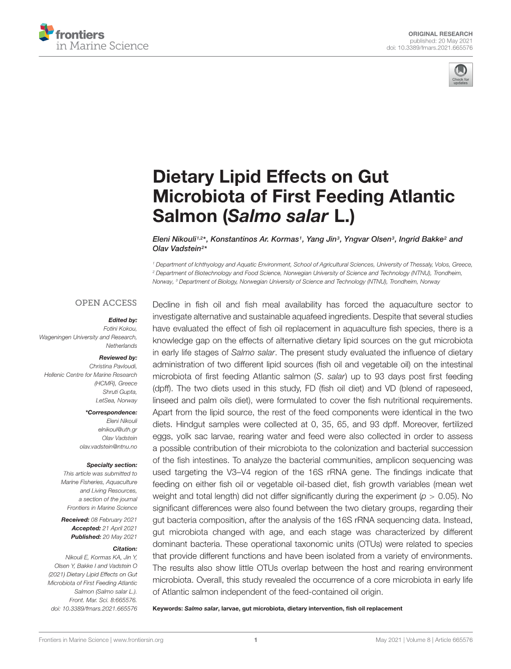 Dietary Lipid Effects on Gut Microbiota of First Feeding Atlantic Salmon (Salmo Salar L.)