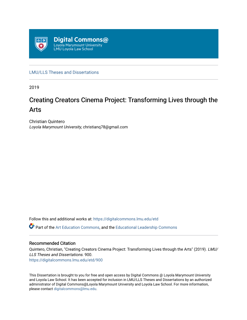 Creating Creators Cinema Project: Transforming Lives Through the Arts