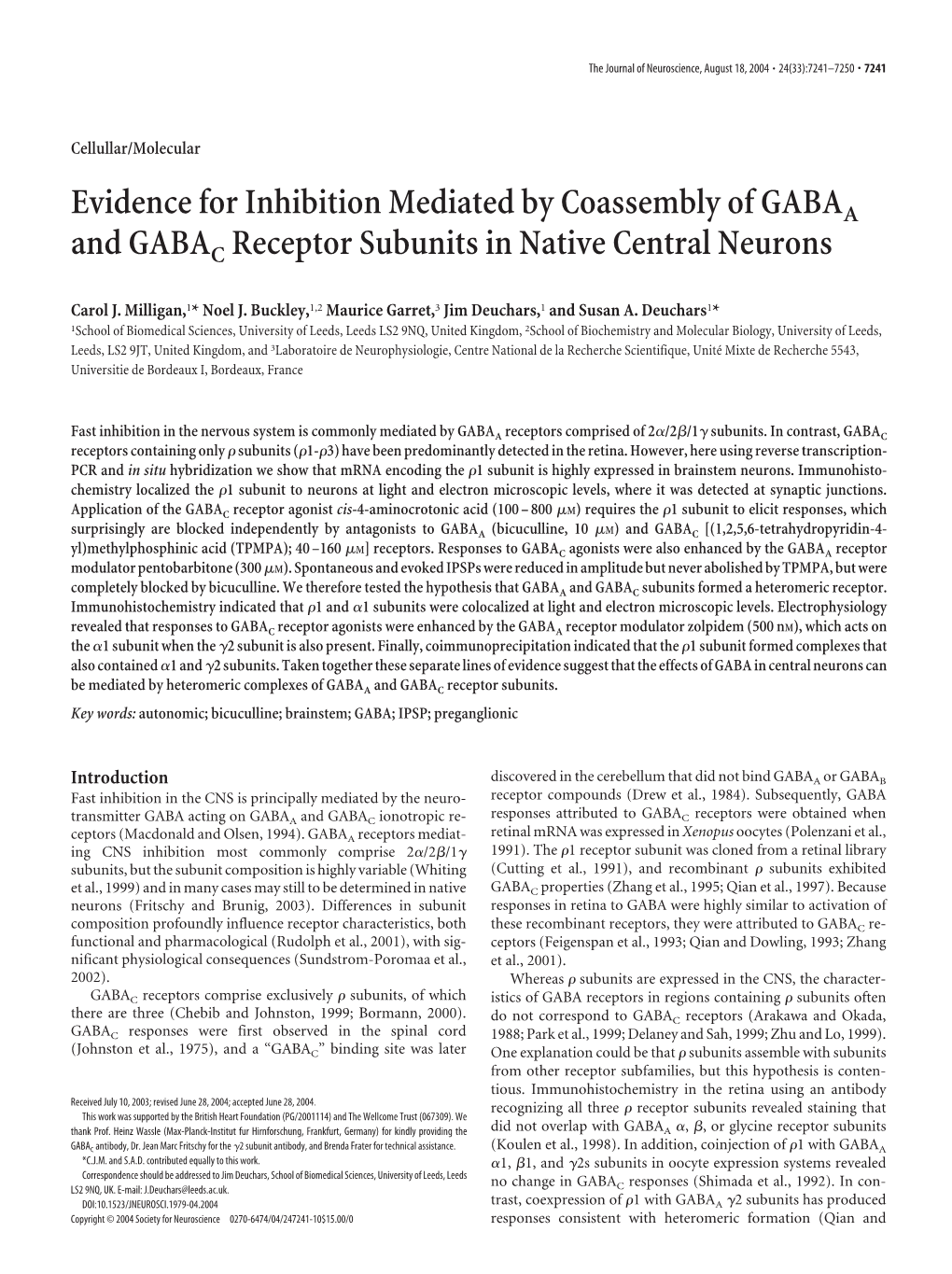 Evidence for Inhibition Mediated by Coassembly of GABAA and GABAC Receptor Subunits in Native Central Neurons