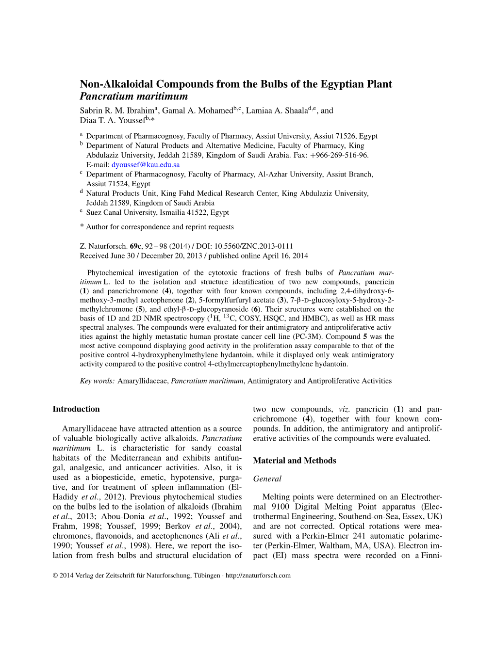 Non-Alkaloidal Compounds from the Bulbs of the Egyptian Plant Pancratium Maritimum Sabrin R