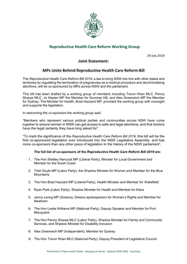Reproductive Health Care Reform Working Group Joint Statement