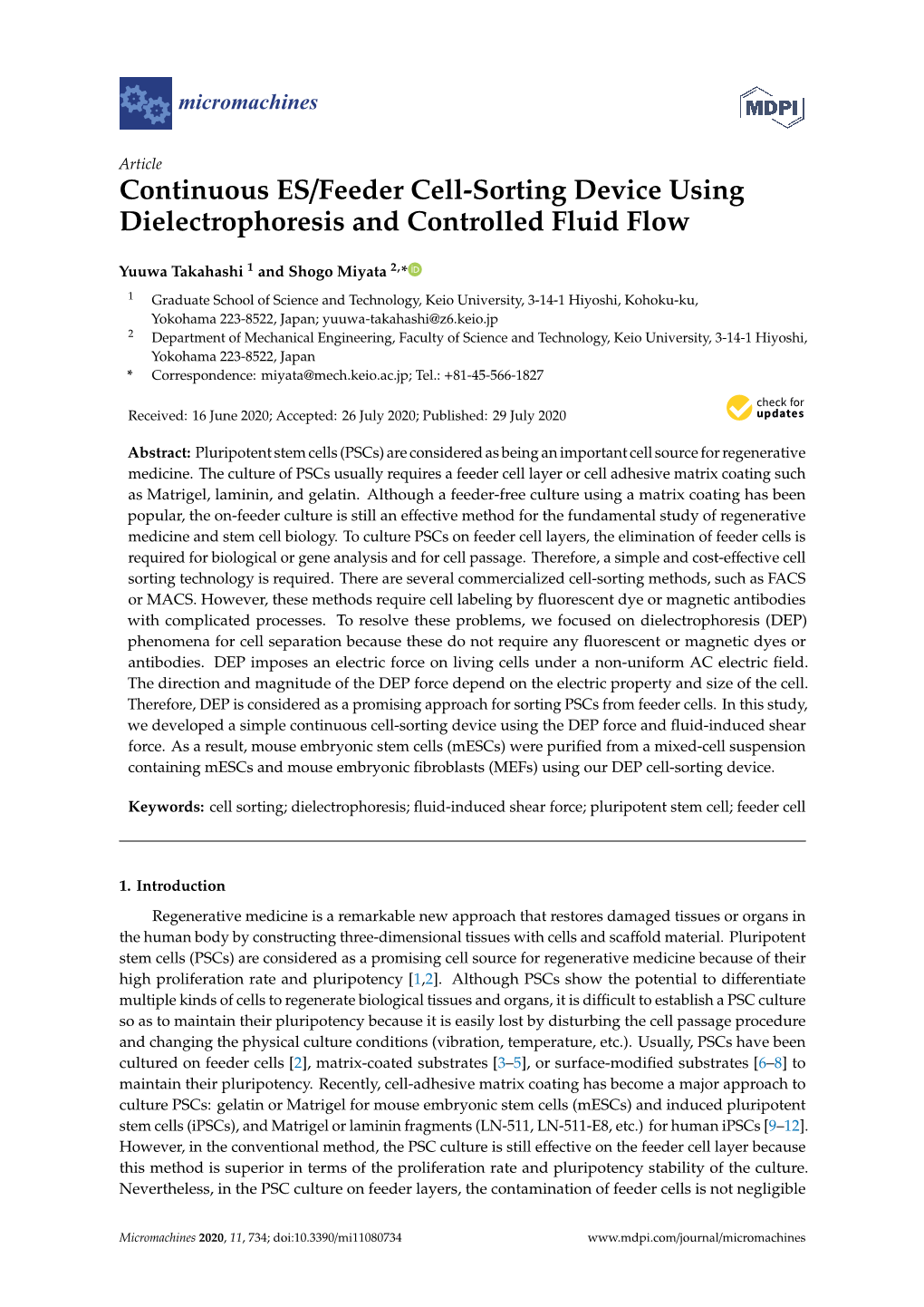 Continuous ES/Feeder Cell-Sorting Device Using Dielectrophoresis and Controlled Fluid Flow