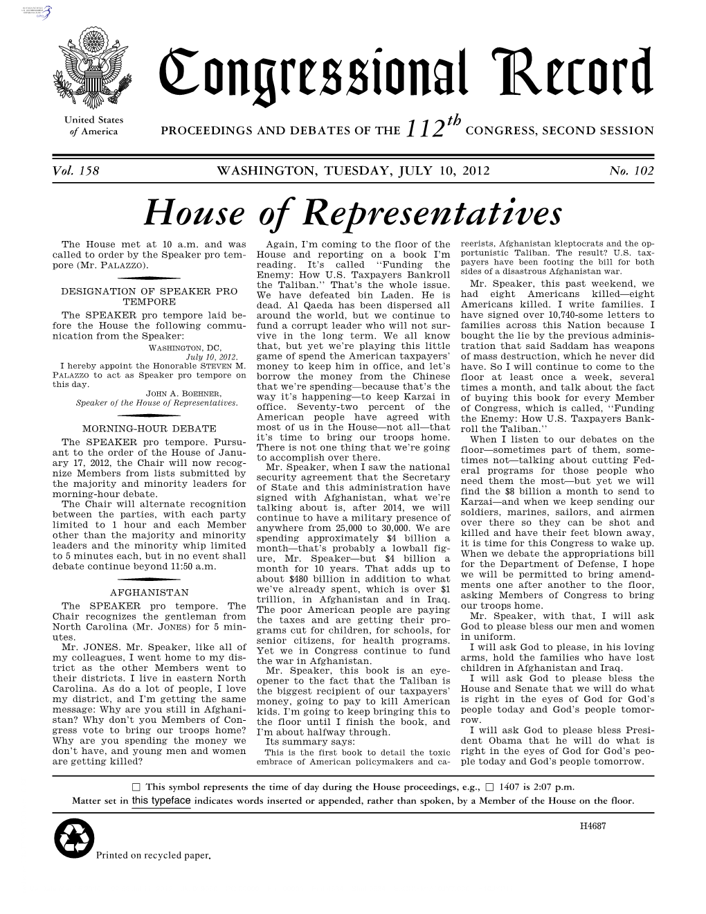 Congressional Record United States Th of America PROCEEDINGS and DEBATES of the 112 CONGRESS, SECOND SESSION