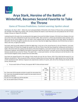 Arya Stark, Heroine of the Battle of Winterfell, Becomes Second Favorite to Take the Throne