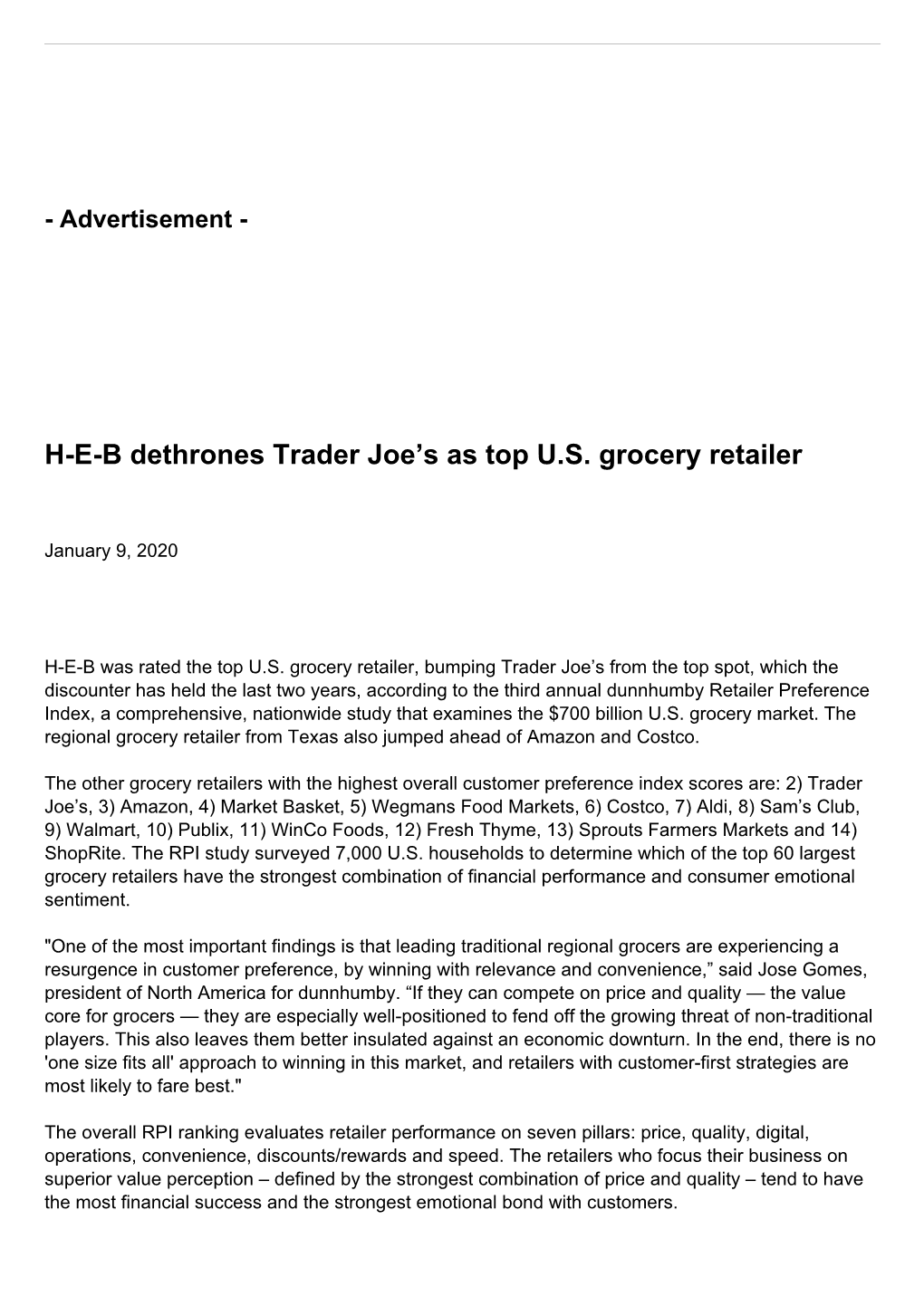 H-E-B Dethrones Trader Joe's As Top U.S. Grocery Retailer