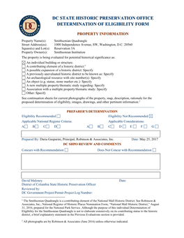 Dc State Historic Preservation Office Determination of Eligibility Form