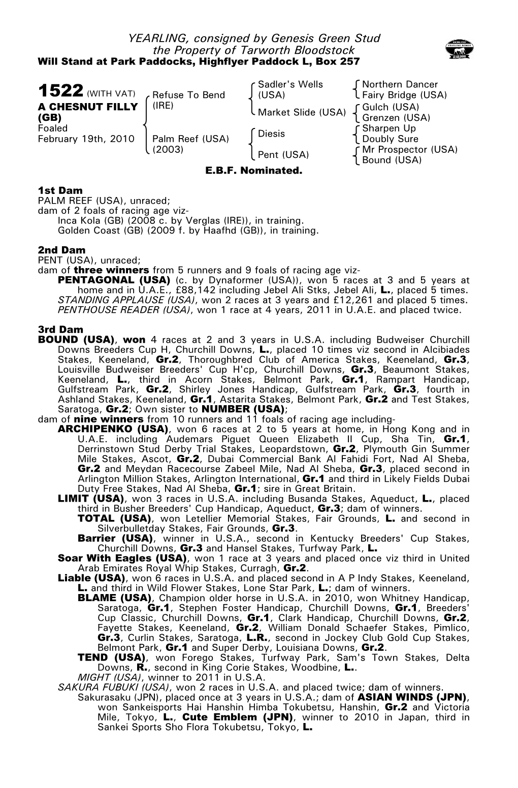 YEARLING, Consigned by Genesis Green Stud the Property of Tarworth Bloodstock Will Stand at Park Paddocks, Highflyer Paddock L, Box 257