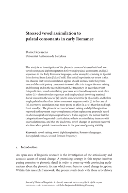Stressed Vowel Assimilation to Palatal Consonants in Early Romance