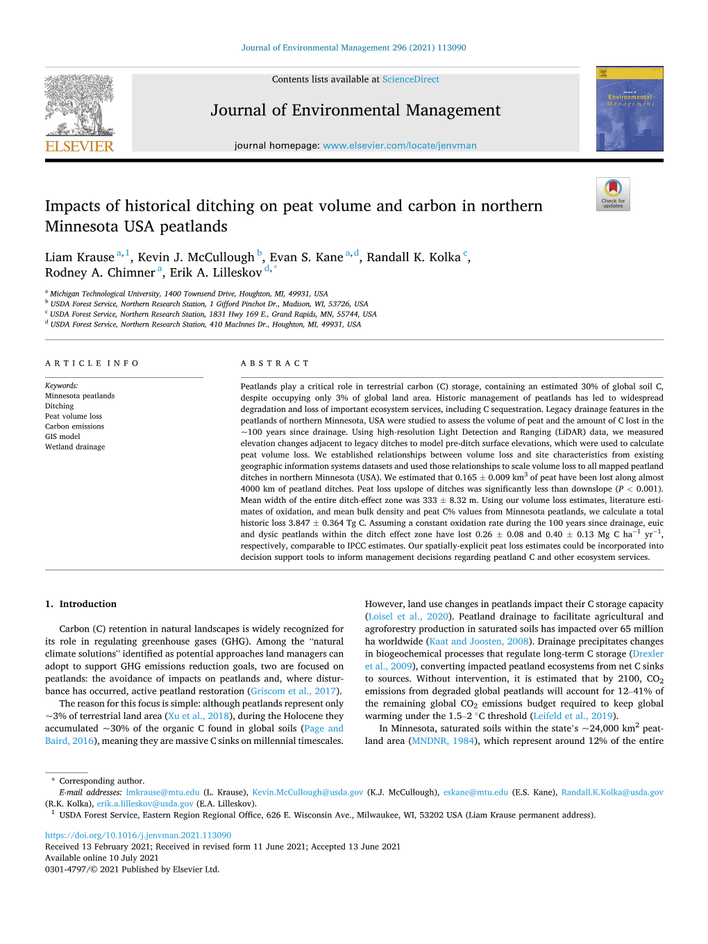 Impacts of Historical Ditching on Peat Volume and Carbon in Northern Minnesota USA Peatlands