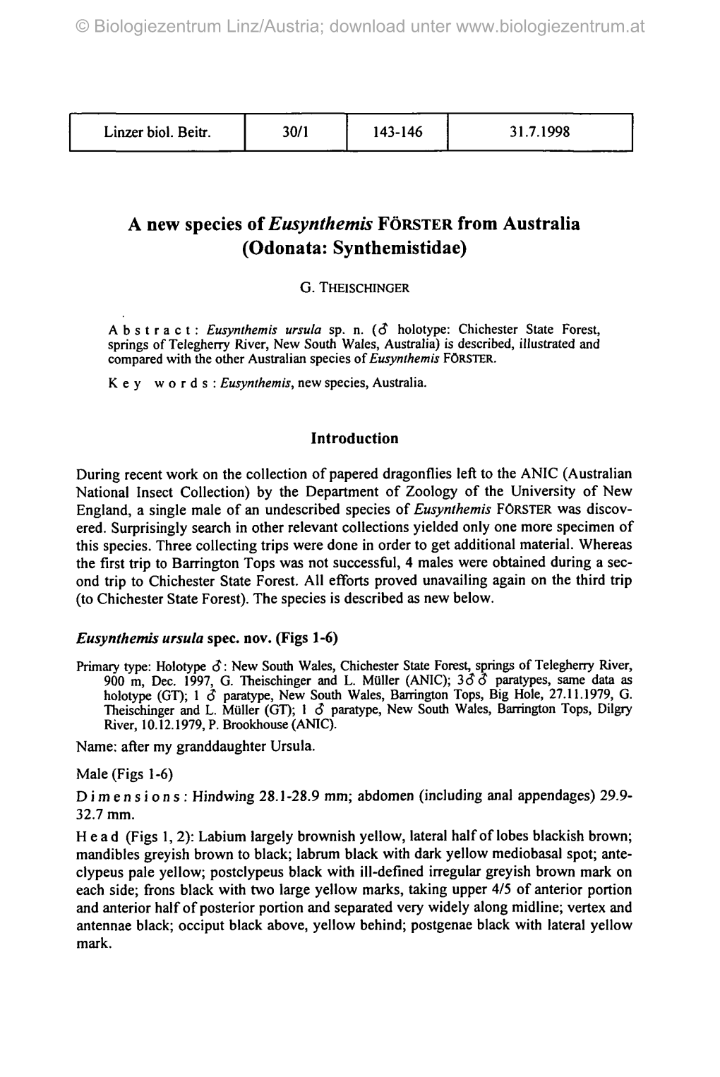 A New Species of Eusynthemis FÖRSTER from Australia (Odonata: Synthemistidae)