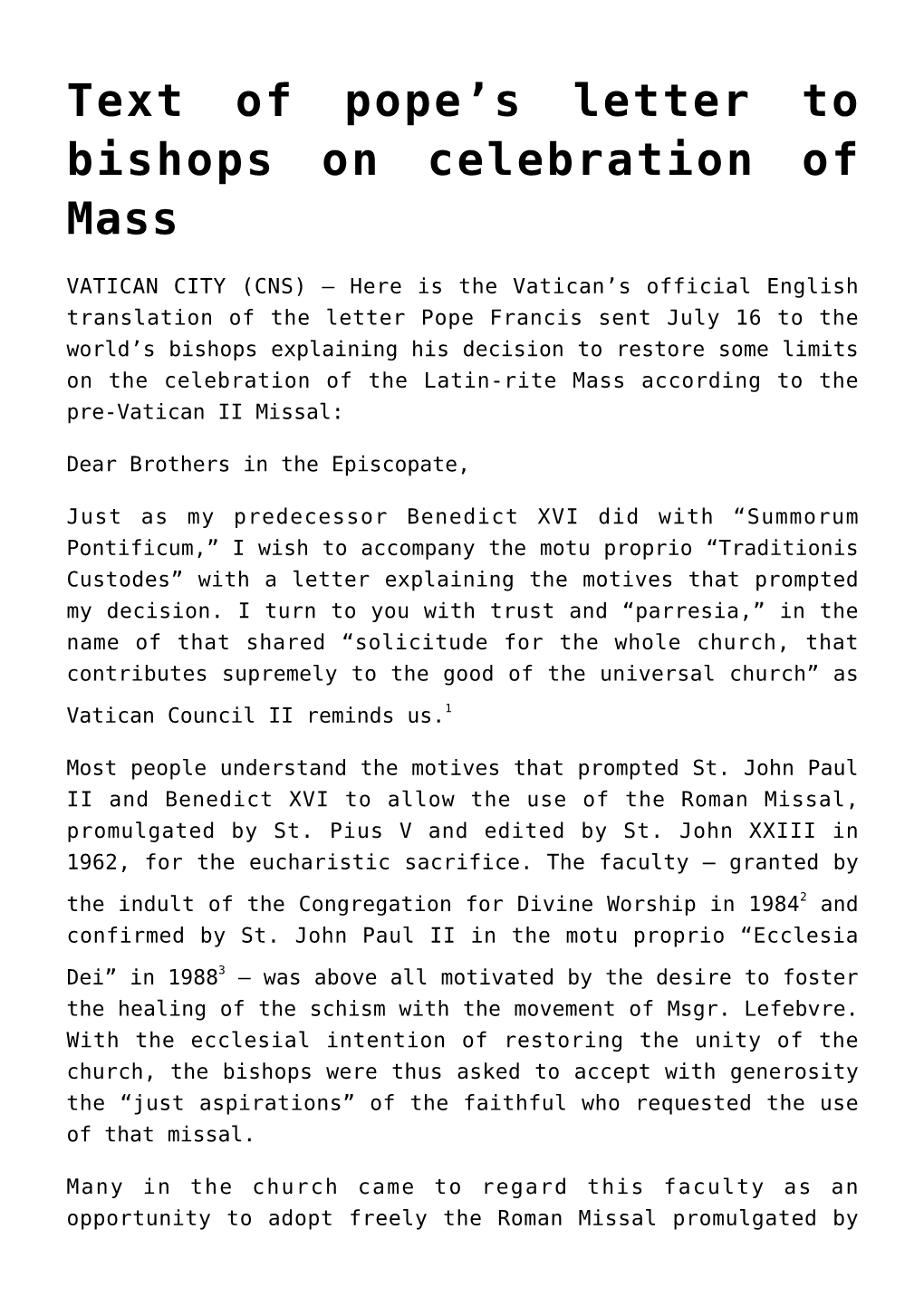 S Letter to Bishops on Celebration of Mass