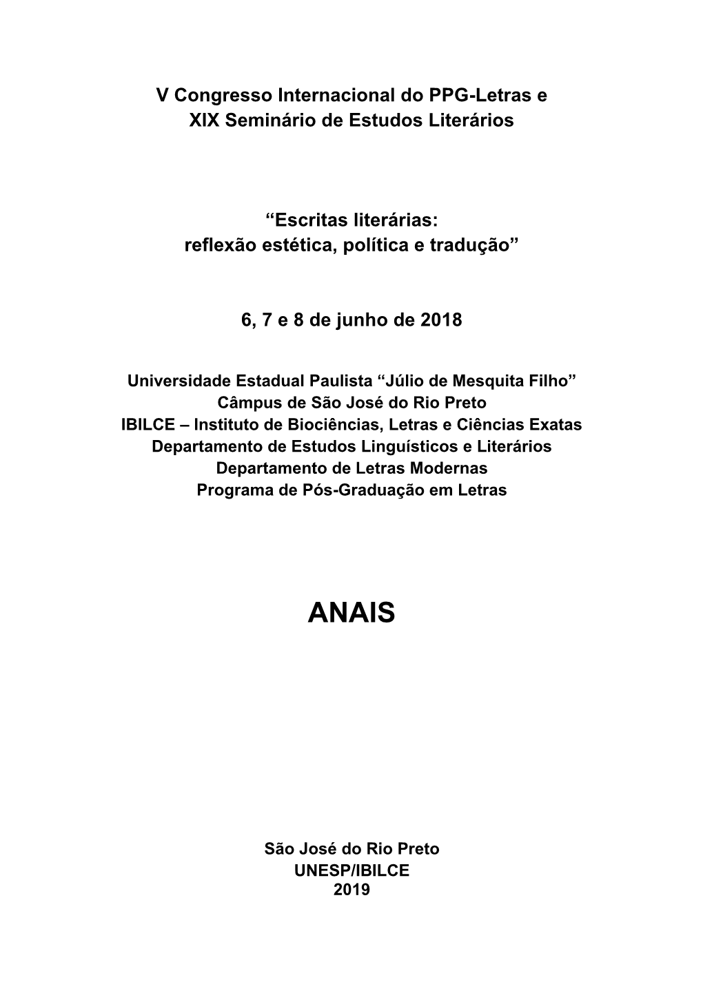 V Congresso Internacional Do PPG-Letras E XIX Seminário De Estudos Literários