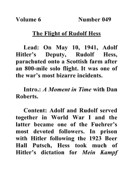 Volume 6 Number 049 the Flight of Rudolf Hess Lead: on May 10