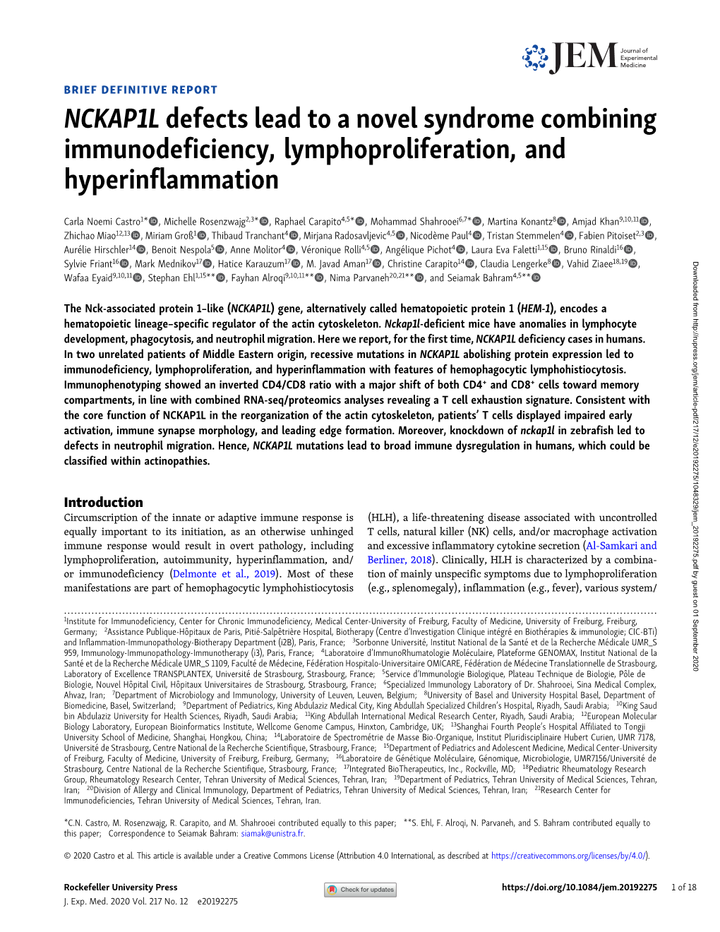 NCKAP1L Defects Lead to a Novel Syndrome Combining Immunodeficiency, Lymphoproliferation, and Hyperinflammation