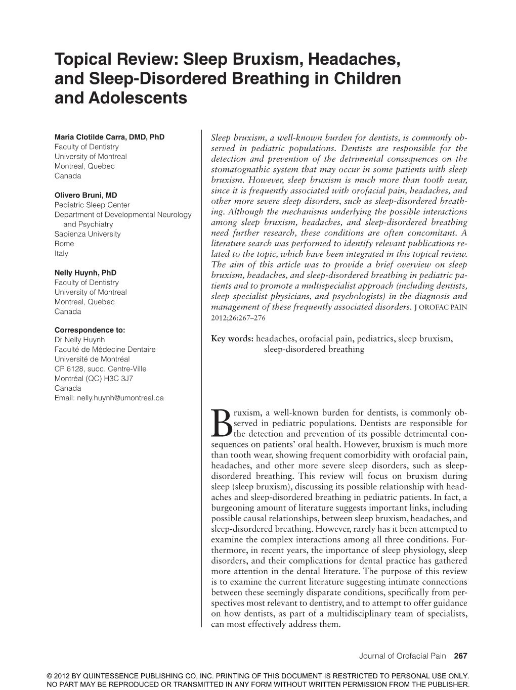 Sleep Bruxism, Headaches, and Sleep-Disordered Breathing in Children and Adolescents