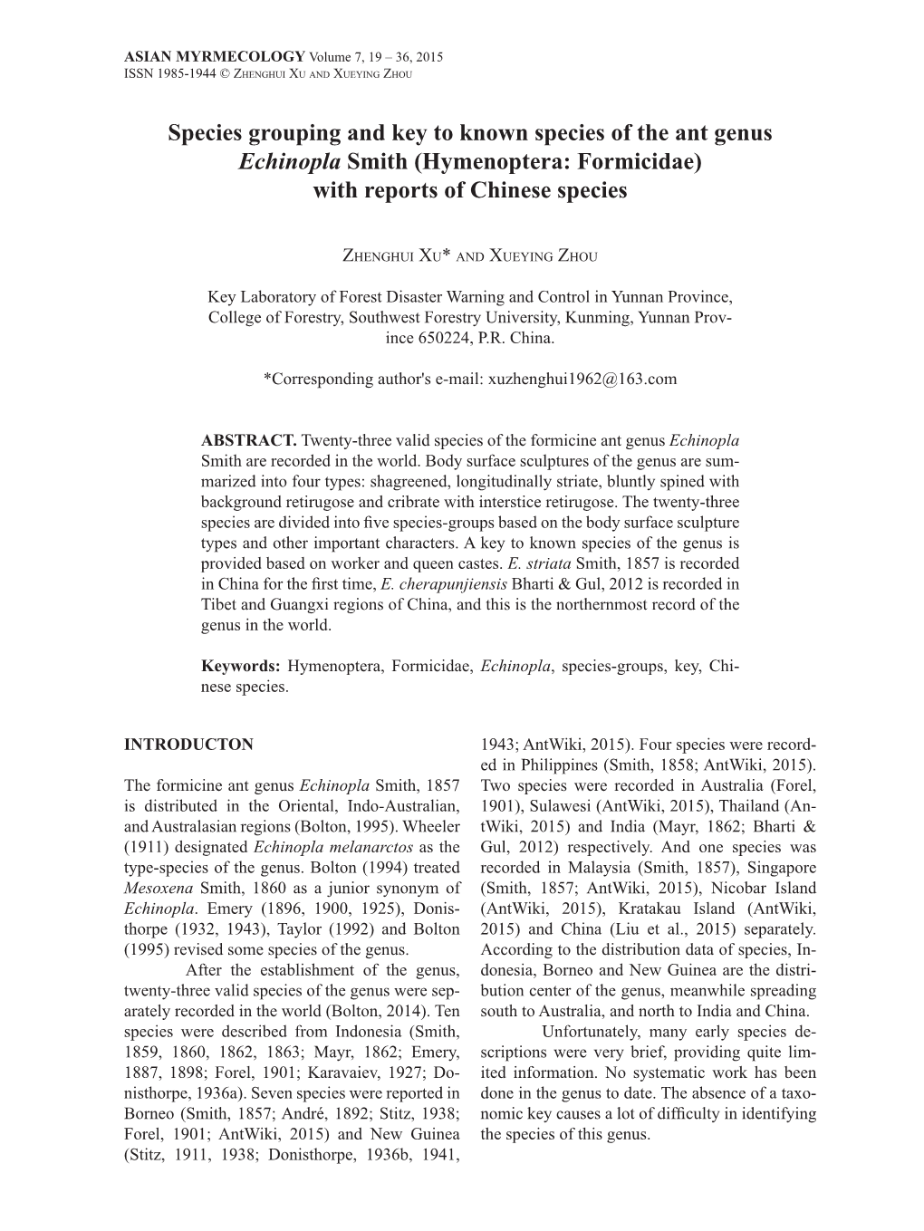 Species Grouping and Key to Known Species of the Ant Genus Echinopla Smith (Hymenoptera: Formicidae) with Reports of Chinese Species