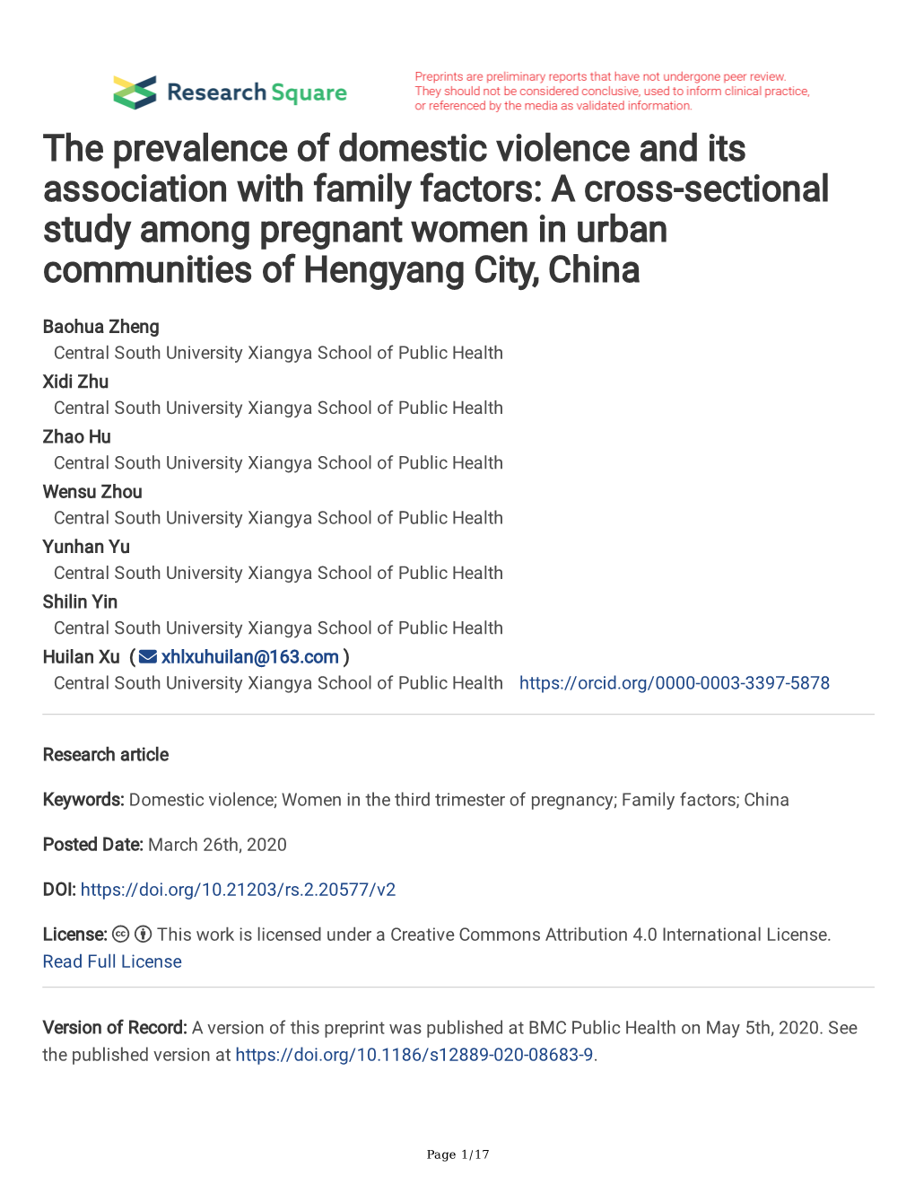 A Cross-Sectional Study Among Pregnant Women in Urban Communities of Hengyang City, China