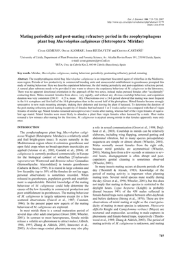 Mating Periodicity and Post-Mating Refractory Period in the Zoophytophagous Plant Bug Macrolophus Caliginosus (Heteroptera: Miridae)