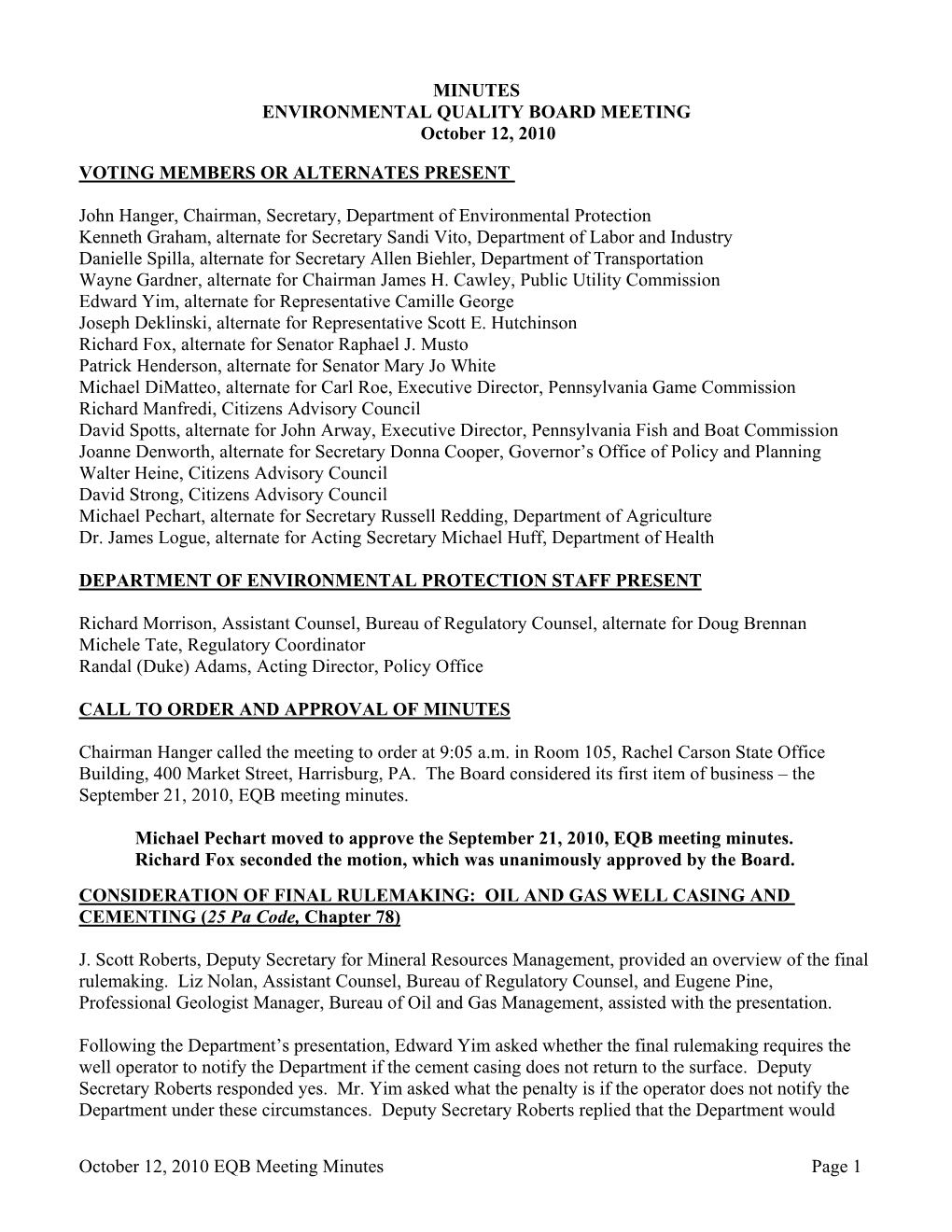 MINUTES ENVIRONMENTAL QUALITY BOARD MEETING October 12, 2010