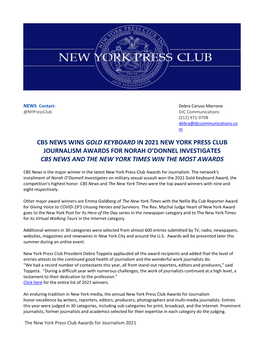 Cbs News Wins Gold Keyboard in 2021 New York Press Club Journalism Awards for Norah O’Donnel Investigates Cbs News and the New York Times Win the Most Awards