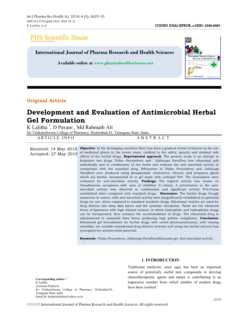 Development and Evaluation of Antimicrobial Herbal Gel Formulation