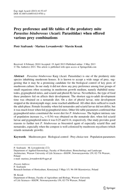 Prey Preference and Life Tables of the Predatory Mite Parasitus Bituberosus (Acari: Parasitidae) When Offered Various Prey Combinations