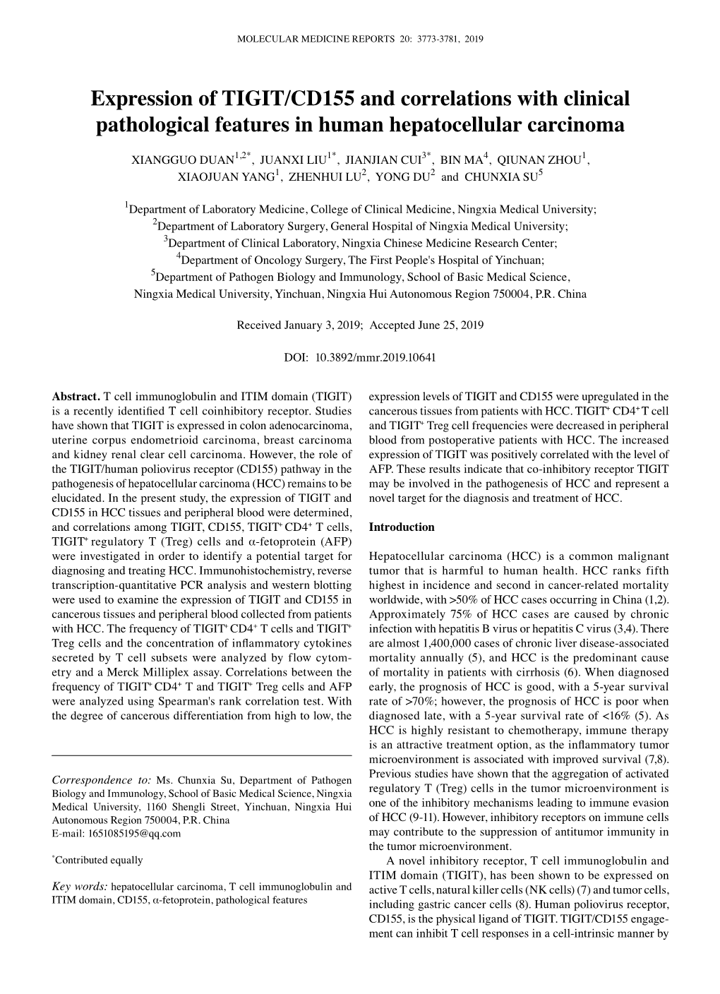 Expression of TIGIT/CD155 and Correlations with Clinical Pathological Features in Human Hepatocellular Carcinoma