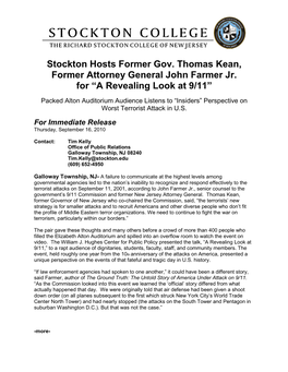 Stockton Hosts Former Gov. Thomas Kean, Former Attorney General John Farmer Jr