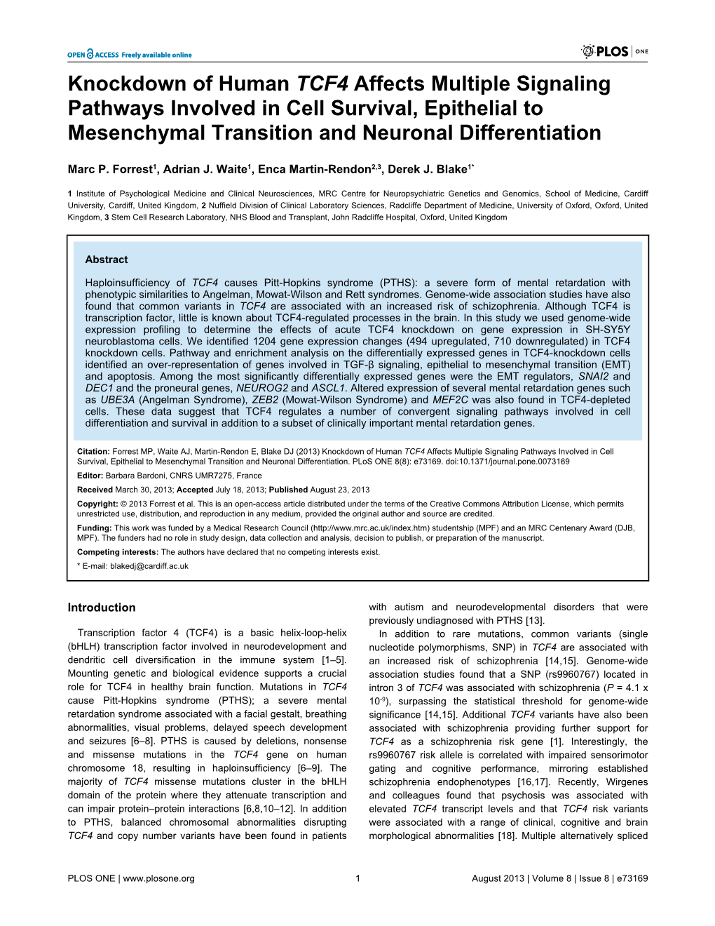 Knockdown Of Human Tcf4 Affects Multiple Signaling Pathways Involved In Cell Survival