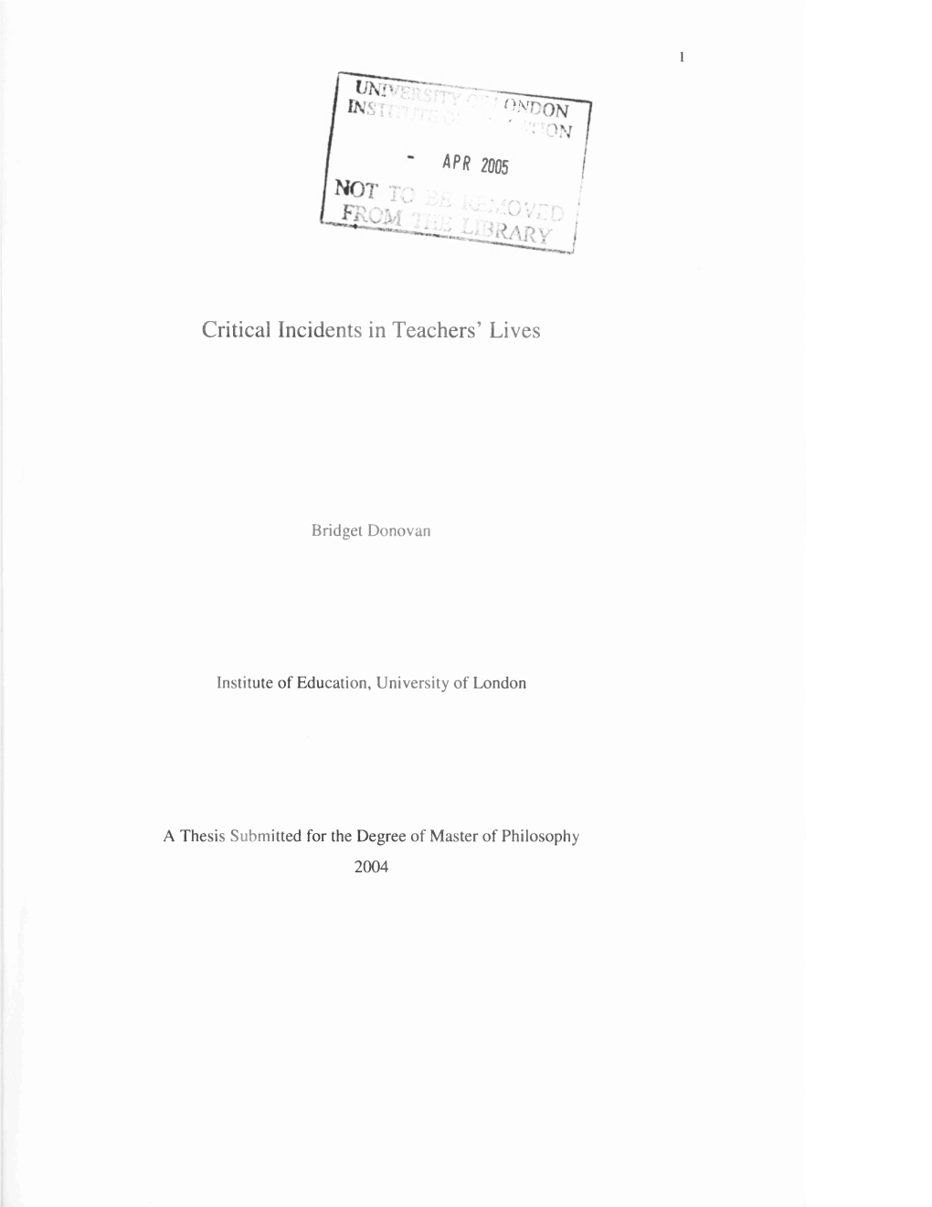 APR 2005 Critical Incidents in Teachers' Lives