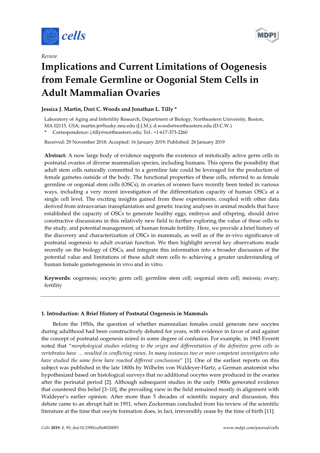 Implications and Current Limitations of Oogenesis from Female Germline Or Oogonial Stem Cells in Adult Mammalian Ovaries